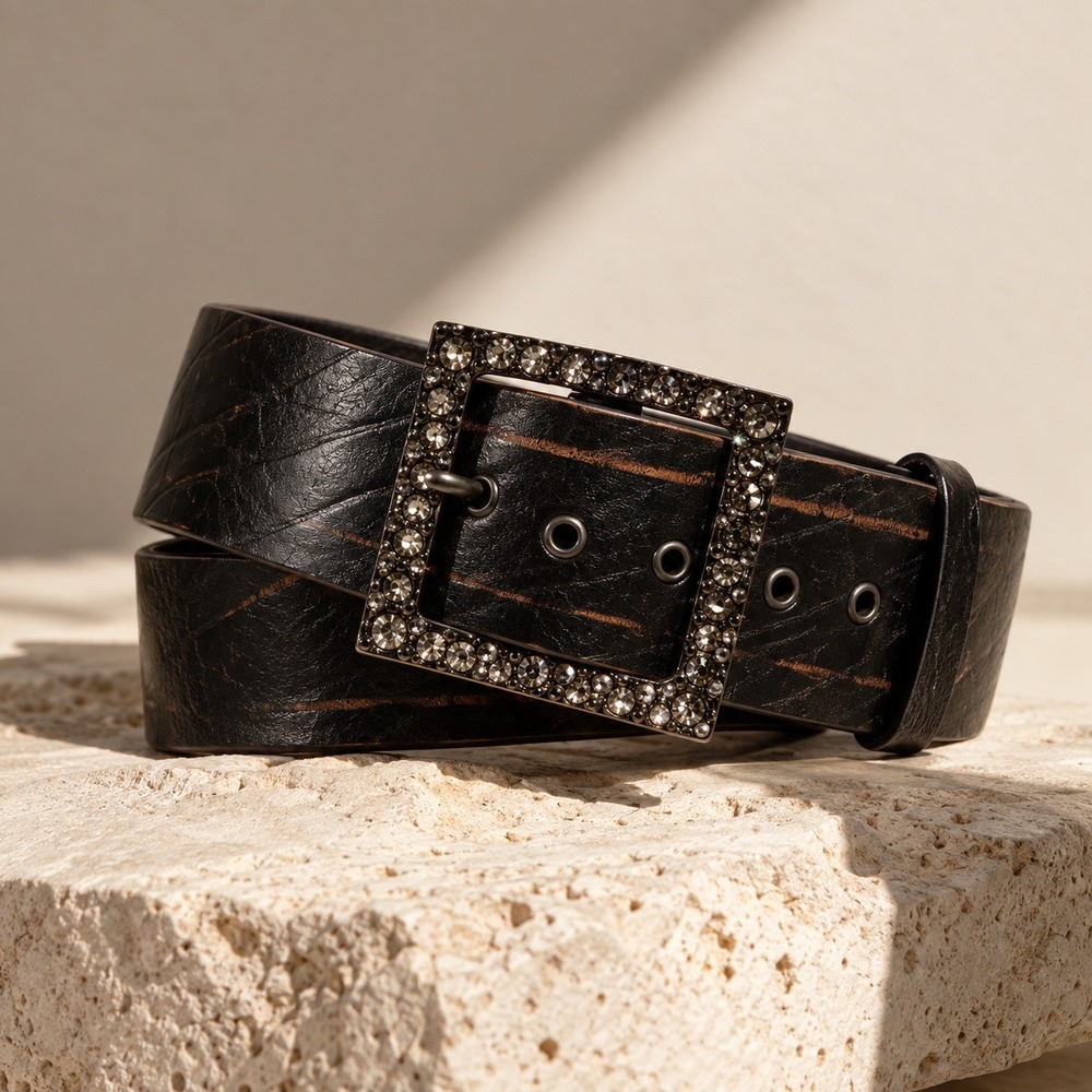 Hache Leather Belt 90/105 Wide Waist Western Embellished Statement Buckle